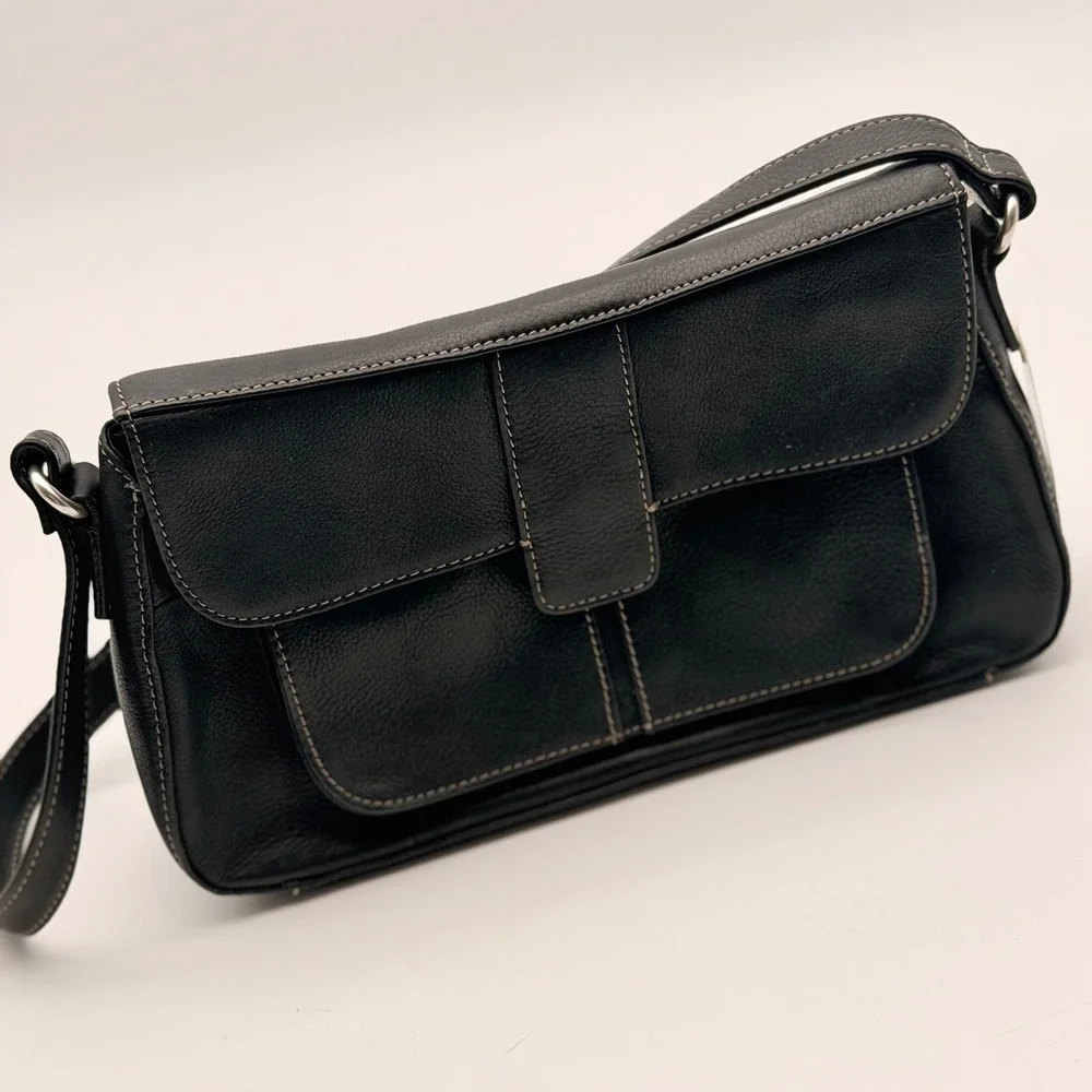 Fossil Black Genuine Leather Organizer Shoulder Bag Flap NWT
